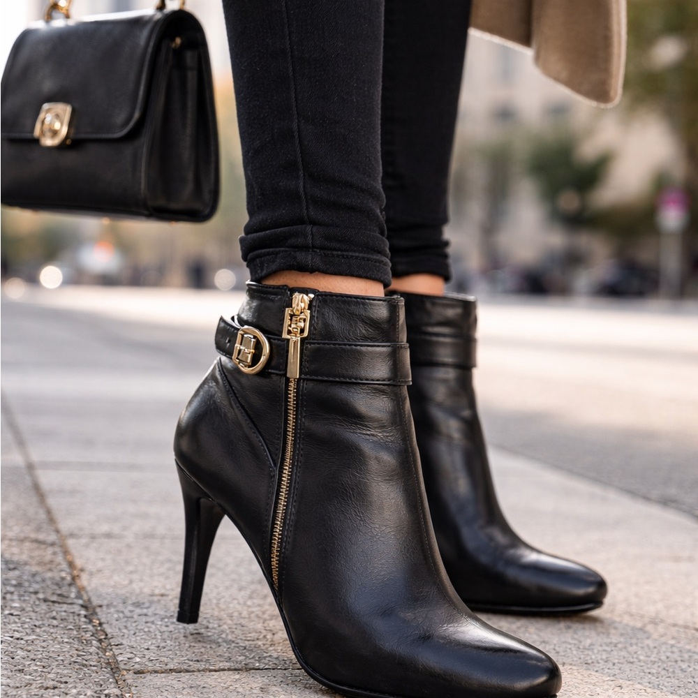 Tory Burch Black Leather Ankle Boots Gold Logo Heel Booties Size 10